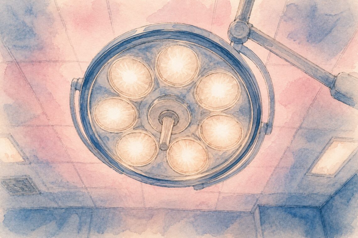 Bright surgical lights in operating room — Wendy Lenz personal essay on her seventh surgery