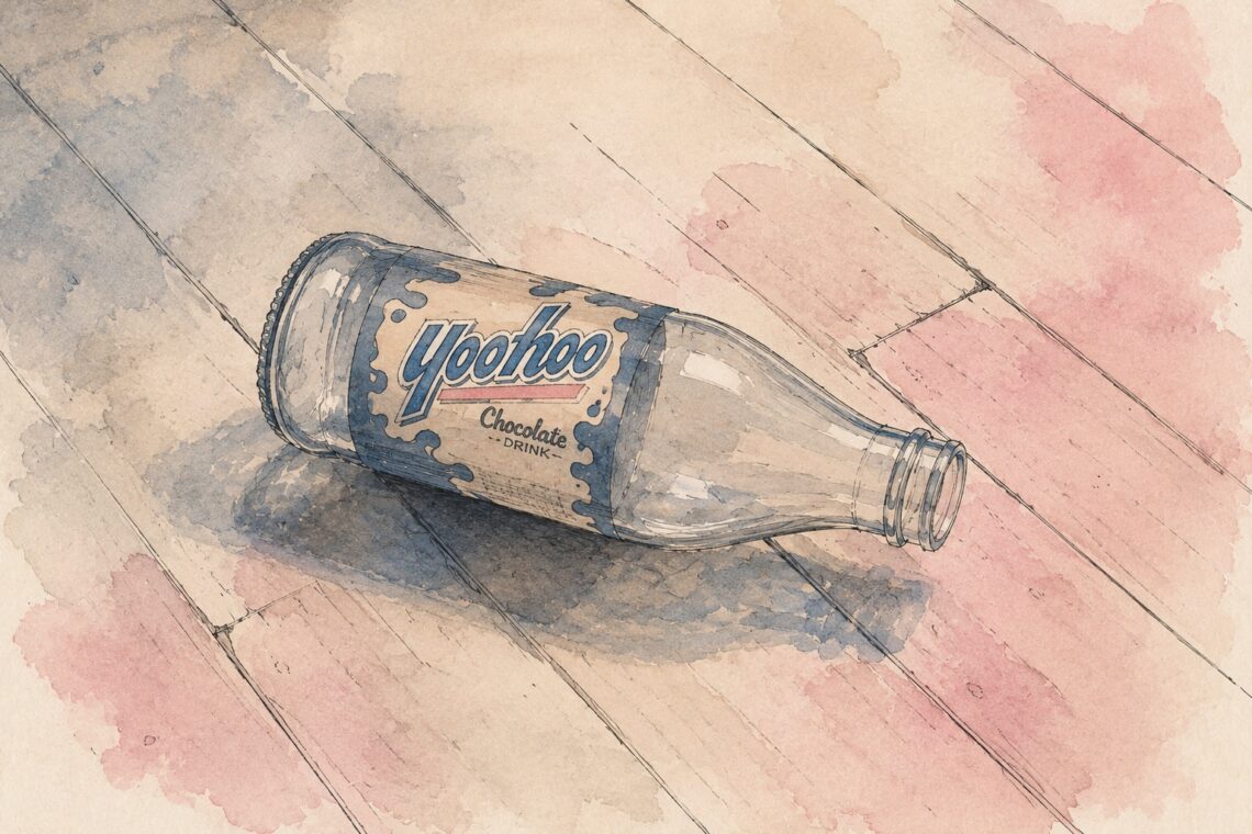An empty you-hoo bottle. Personal essay about a first kiss