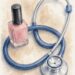 Watercolor of a pink nail polish bottle entwined with a blue stethoscope