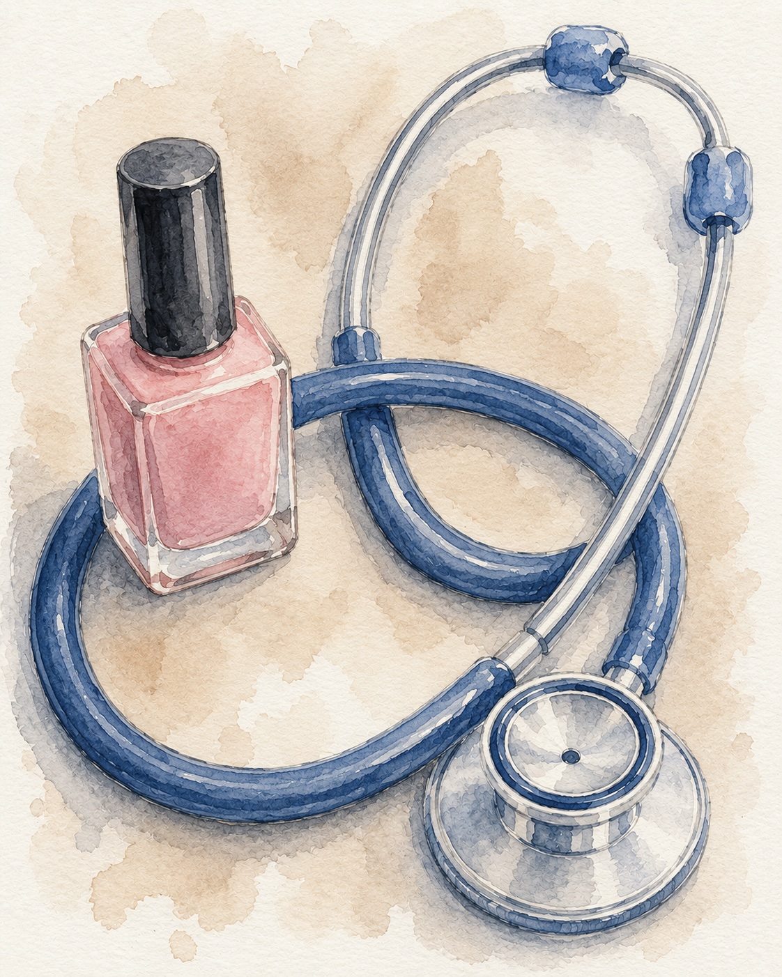 Watercolor of a pink nail polish bottle entwined with a blue stethoscope