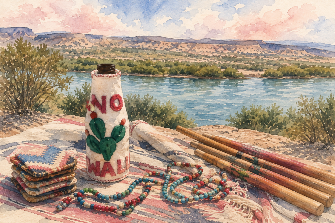 A blanket with a hand-made koozie and the Rio Grande river in the background