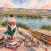 A blanket with a hand-made koozie and the Rio Grande river in the background