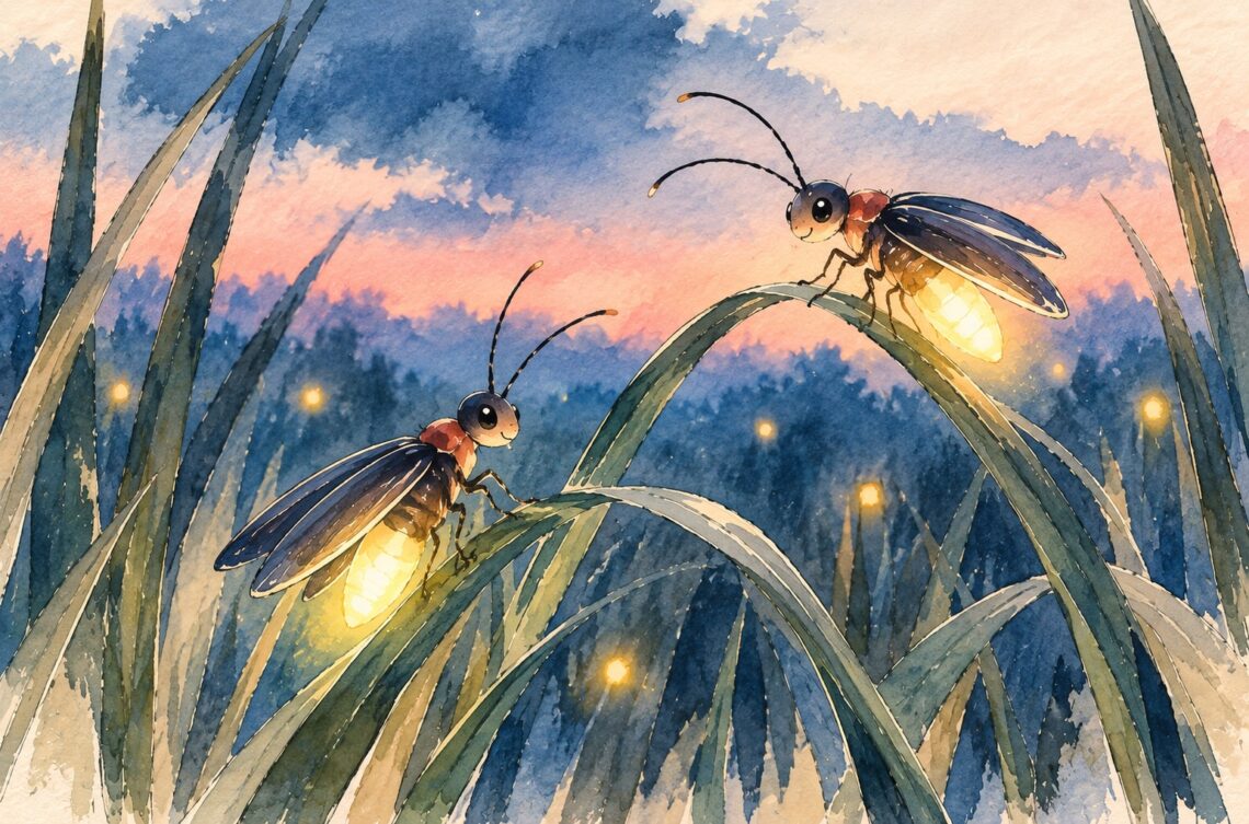 Watercolor sketch of two fireflies with soft, glowing tails against a muted background.